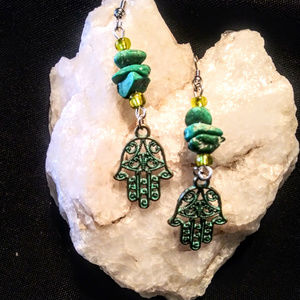Turquoise Hamsa Hand Boho Style Dangle Earrings